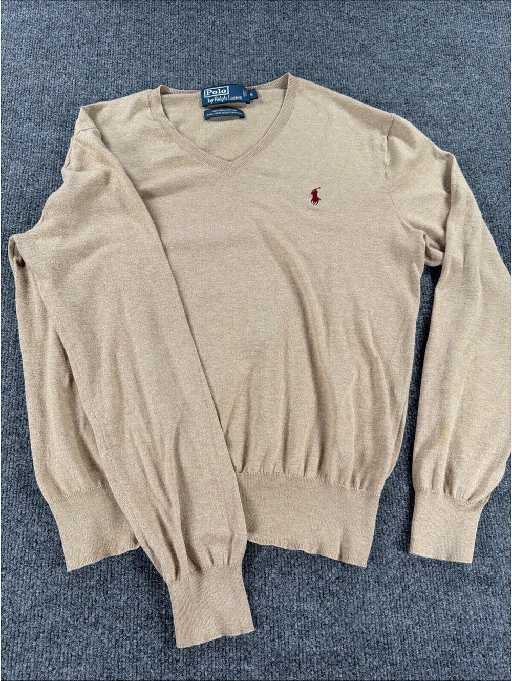 Polo Ralph Lauren V Neck Sweater Tan 100 Pima Cotton Red Pony Logo -Size Small